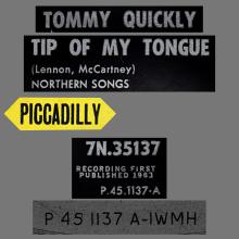 TOMMY QUICKLY - TIP OF MY TONGUE - PICCADILLY - 7N.35137 ⁄ P.45 1137-A - UK - pic 2