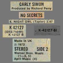 1972 11 28 CARLY SIMON - NO SECRETS - NIGHT OWL - WEA - ELECTRA - K 42127 - UK - pic 3