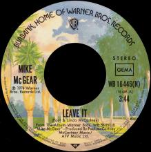 1974 09 13 - MIKE McGEAR - LEAVE IT ⁄ SWEET BABY - GERMANY - WARNER BROS - WB 16 446(N) - pic 1