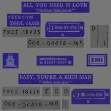 SPAIN 1967 08 08 - DSOL 66.080 - ALL YOU NEED IS LOVE ⁄ BABY YOU'RE A RICH MAN - SLEEVE 3 LABEL 2 - 1 J 006-04.476 M - pic 1