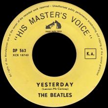 BEATLES DISCOGRAPHY CONGO - 1965 10 00 - DP 563 - DIZZY MISS LIZZY / YESTERDAY - pic 1