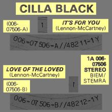 CILLA BLACK - IT'S FOR YOU ⁄ LOVE OF THE LOVED - HOLLAND - 1A 006-07506 - pic 1