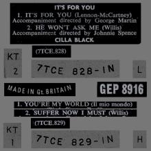 CILLA BLACK - IT'S FOR YOU  - UK - GEP 8916 - EP - pic 1