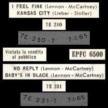 ITALY - 1 EP - 1965 01 07 - EPFC 6500 - I FEEL FINE ⁄ KANSAS CITY - NO REPLY ⁄ BABY'S IN BLACK - pic 1