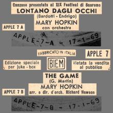 MARY HOPKIN - 1969 01 17 - LONTANO DAGLI OCCHI ⁄ THE GAME - APPLE 7 - ITALY - JUKE-BOX - pic 1