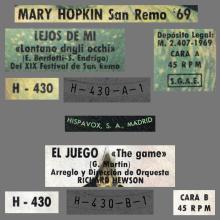 MARY HOPKIN - 1969 01 17 - LONTANO DAGLI OCCHI ⁄ THE GAME - APPLE 7 - SPAIN - LEOS DE MI ⁄ EL JUEGO - pic 1