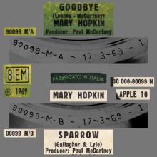 MARY HOPKIN - 1969 03 17 - GOODBYE ⁄ SPARROW - APPLE 10 - ITALY - 3C 006-90099 M - pic 4
