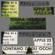 MARY HOPKIN - 1970 01 16 - TEMMA HARBOUR ⁄ LONTANO DAGLI OCCHI - APPLE 22 - FINLAND - pic 1