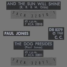 PAUL JONES - AND THE SUN WILL SHINE ⁄ THE DOG PRESIDES - SWEDEN - DB 8379 - 1968 03 08 - pic 1