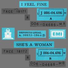 SPAIN 1964 12 05 - I FEEL FINE ⁄ SHE'S A WOMAN - SLEEVE 06 LABEL I - 1 J 006-04.686 M  - pic 1