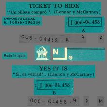 SPAIN 1965 06 10 - TICKET TO RIDE ⁄ YES IT IS - SLEEVE 09 LABEL 2 - 1976 05 01 - 1 J 006-04.458  - pic 1