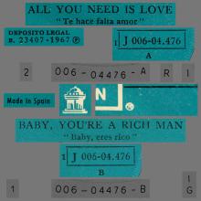 SPAIN 1967 08 08 - DSOL 66.080 - ALL YOU NEED IS LOVE ⁄ BABY YOU'RE A RICH MAN - SLEEVE 9 LABEL 2 - 1976 05 01 - 1 J 006-04.476 - pic 1