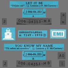 SPAIN 1970 03 20 - 1J 006-04.353 M - LET IT BE ⁄ YOU KNOW MY NAME - SLEEVE 1 LABEL 2 - pic 1