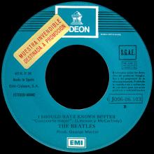 SPAIN 1976 05 01 - 1J 006-06.103 - YESTERDAY ⁄ I SHOULD HAVE KNOWN BETTER - SLEEVE 1 LABEL 1 - PROMO - pic 1