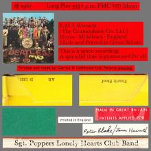 THE BEATLES DISCOGRAPHY UK 1967 06 01 - SGT.PEPPERS LONELY HEARTS CLUB BAND - A 1 - MONO PMC 7027 - YELLOW LABEL - FOURTH PROOF SLEEVE - pic 1