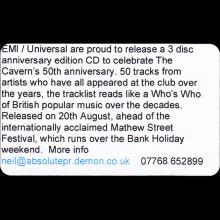 2007 08 20 - THE CAVERN - THE MOST FAMOUS CLUB IN THE WORLD - EMI UNIVERSAL - CDR - PROMO - pic 1