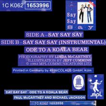 1983 10 03 PAUL McCARTNEY SAY SAY SAY - 1C K062 1653996 - 3 TRACKS 12 INCH - GERMANY - pic 1