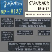 yu010 All You Need Is Love ⁄ Baby You're A Rich Man ⁄ SP 8137 -BEATLES DISCOGRAPHY YUGOSLAVIA - pic 8